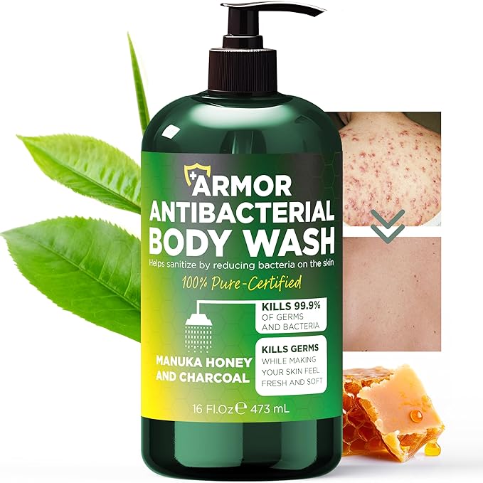 Antibacterial Body Wash | Antibacterial Soap for Men & Women | Kills 99.9% of Germs & Bacteria | Helps with Back Acne, Body Odor & Skin Irritation | Manuka Honey & Charcoal, 16 fl oz