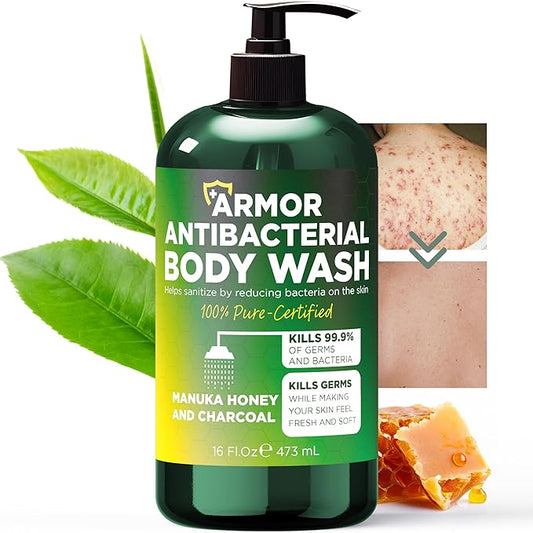 Antibacterial Body Wash | Antibacterial Soap for Men & Women | Kills 99.9% of Germs & Bacteria | Helps with Back Acne, Body Odor & Skin Irritation | Manuka Honey & Charcoal, 16 fl oz
