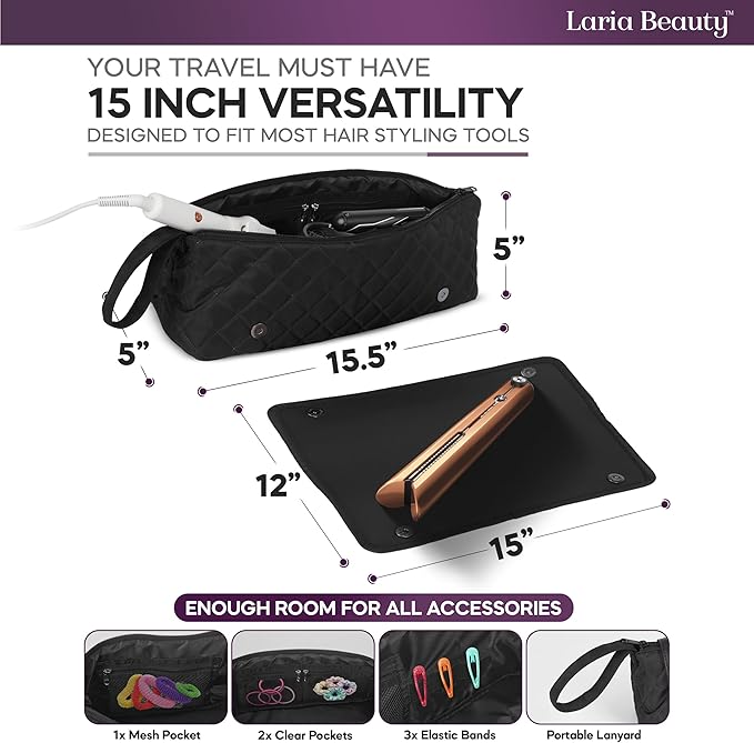 2-in-1 Hot Hair Tools Travel Bag, Removable Heat-Resistant Silicone Mat, Clear Pockets for Accessories, Protects Surfaces from Burns, Ideal for Curling & Flat Irons, Includes Heat-Resistant Glove