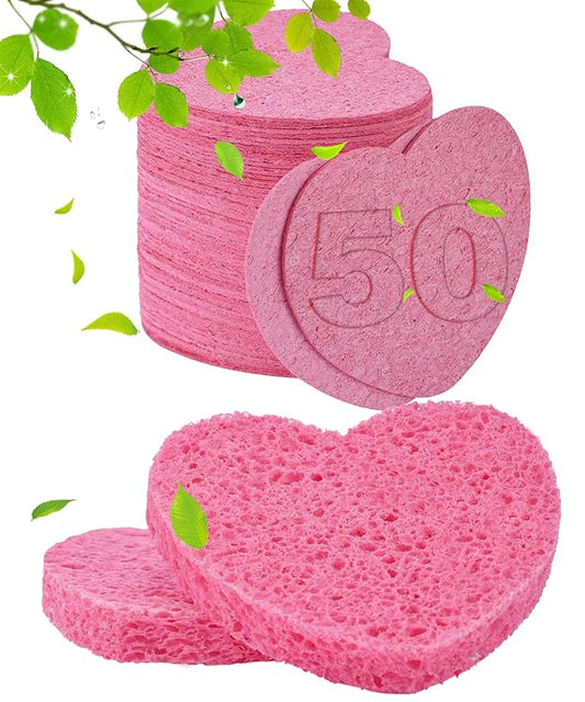 50-Count Compressed Facial Sponges for Estheticians- 100% Natural Cellulose Face Sponge Spa Sponges for Face Cleansing, Massage, Pore Exfoliating, Mask, Makeup Removal (Love-Pink)