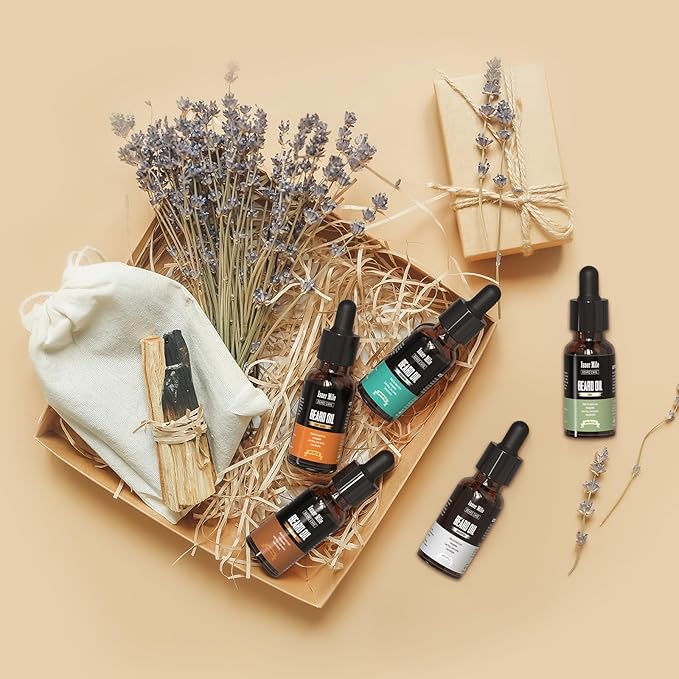 ISNER MILE 5 Pack Beard Oil Kit: Sandalwood Orange Cedarwood Sage Unscented for Beard Care & Conditioner, Christmas Stocking Stuffers for Adults Men, Birthday Gifts for Him Boyfriend Dad Husband