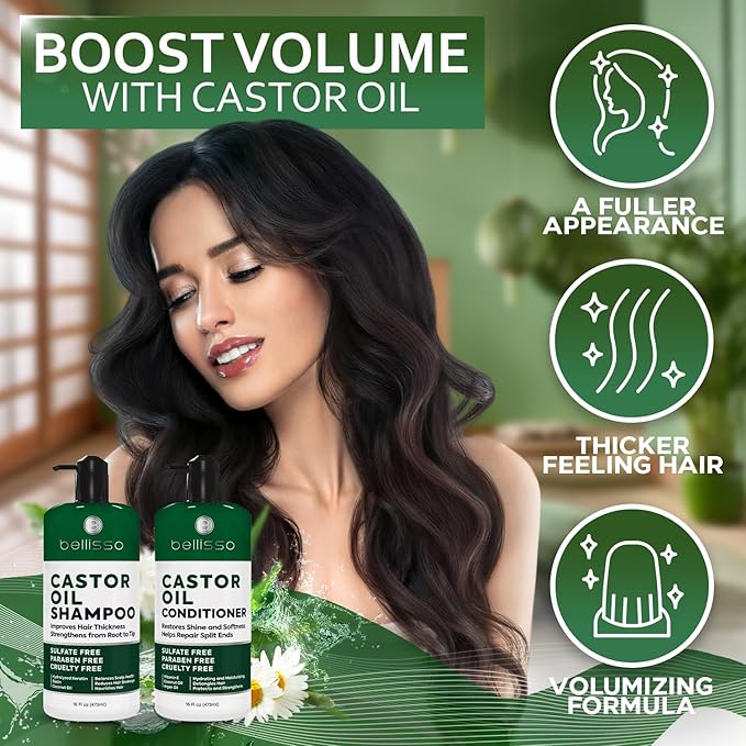 Castor Oil Shampoo and Conditioner Set - Thickening Products for Thinning Hair Women and Men - Sulfate Free Formula - Hydrating, Volumizing and Moisturizing for Dry Hair - Volume Boosting, Color Safe