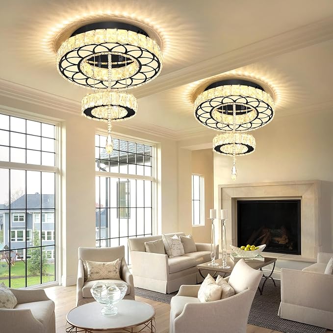 Flashing God Dia 16" Black Modern Crystal Chandeliers Flush Mount Chandelier Dimmable LED Light Crystal Ceiling Light for Hallway Bedroom Living Room Dining Room