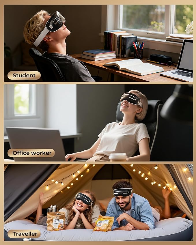 Eye Massager with Heat and Cooling, Integrated Smart Sleep Mask with Nose Rest and Soft Silicone Massage Head, 4 Massage Modes for Migraines, Dry Eye, Dark Circles,Bluetooth Music, Gift for Men Women