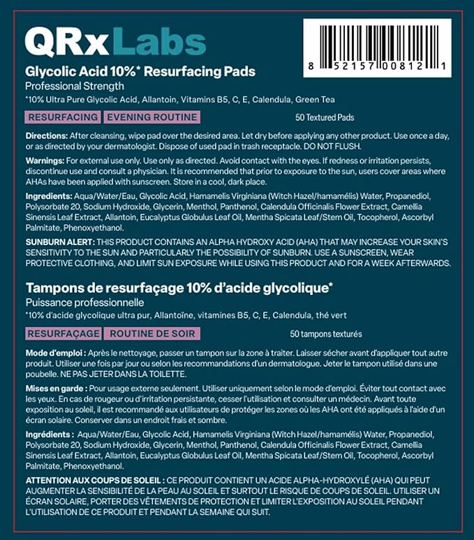 QRxLabs Glycolic Acid Pads - Radiance Pads with AHA for Face & Body - Exfoliates Skin Surface - Helps Tone & Brighten Skin, One-Step Makeup Prep - Acne Treatment Clearing - Daily Pads - 50ct