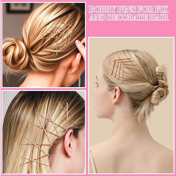 Teenitor 300pcs Bobby Pins Rose Gold Hair, 100 Bobby Pins 100 Hair Pins for Women 100 Hair Bands Kit, Hair Pins for Buns 2" 2.36" 2.75" Rose Gold