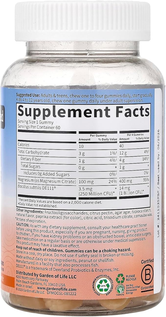 Garden of Life Magnesium Citrate Supplement Gummies with Prebiotics & Probiotics for Stress, Sleep & Recovery - Vegan, Gluten Free, Kosher, Non-GMO, No Added Sugars, Orange Cream Flavor, 60 Count