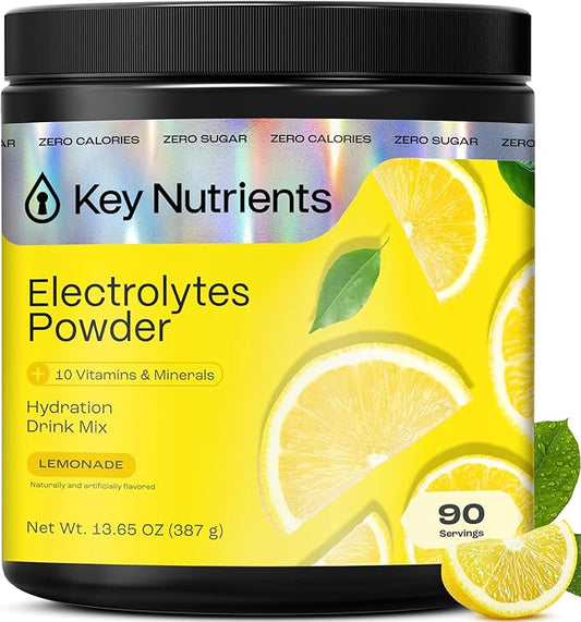 KEY NUTRIENTS Multivitamin Electrolytes Powder No Sugar - Refreshing Lemonade Electrolyte Powder - Sodium & Energy Supplement - Hydration Powder - No Calories - 90 Servings - Made in USA