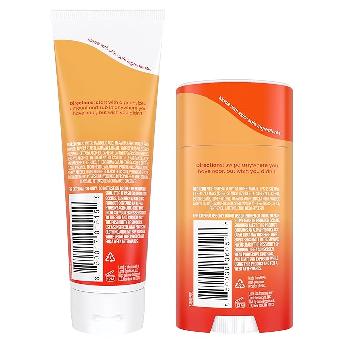 Lume Whole Body Deodorant - Invisible Cream Tube and Solid Stick - 72 Hour Odor Control - Aluminum Free, Baking Soda Free, Skin Safe - 3.0 Ounce Tube and 2.6 Ounce Solid Stick Bundle (Clean Tangerine)