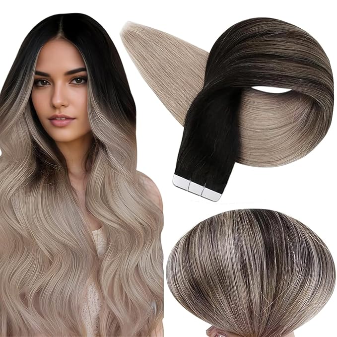 Full Shine Blonde Tape in Hair Extensions Balayage Seamless Tape in Human Hair Extensions 20Inch Color 1B/18 Black To Blonde Remy Natural Hair Extension Remy Hair 50G 20Pcs for Women Soft Add Length
