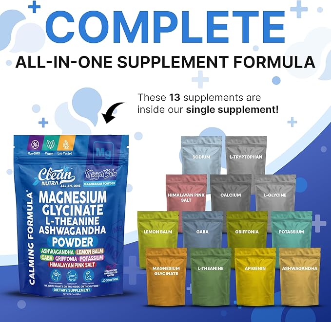 Magnesium Glycinate Powder Supplement + L Theanine Ashwagandha Glycine Apigenin Lemon Balm GABA 5HTP Pink Salt Potassium L Tryptophan Calcium | Powdered Sleep Aid Calm Trace Minerals Vitamin
