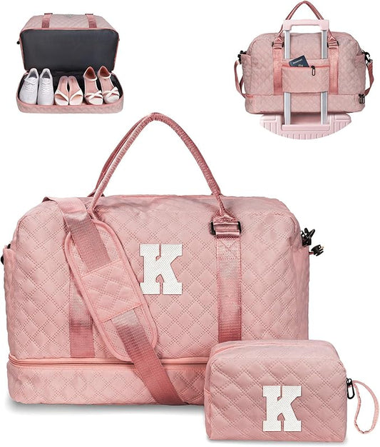 Retirement Gift for Woman-Duffle Bag with Shoe Compartment, Kids Weekender Bags, Overnight Bag with Makeup Pouch, Gifts for 10 11 12 13 14 15 16 Year Old Kid-Birthday Gifts for Her (Letter K)