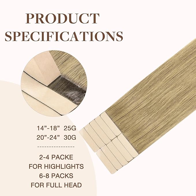 GOO GOO Tape in Hair Extensions Human Hair, 7 Bronde, 20inch 30g 10pcs, Skin Weft Seamless Invisible, Silky Straight with Thick Ends, Remy Human Hair