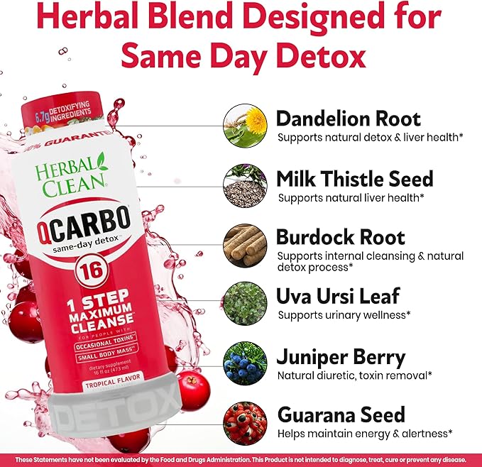 Herbal Clean Qcarbo16 Same-Day Detox Cleanse Drink (16 fl oz) - Tropical Flavor Full Body Cleanse* Detox Drink for Moderate Toxin Level*, Vitamin B2 and Vitamin B12 for Men & Women
