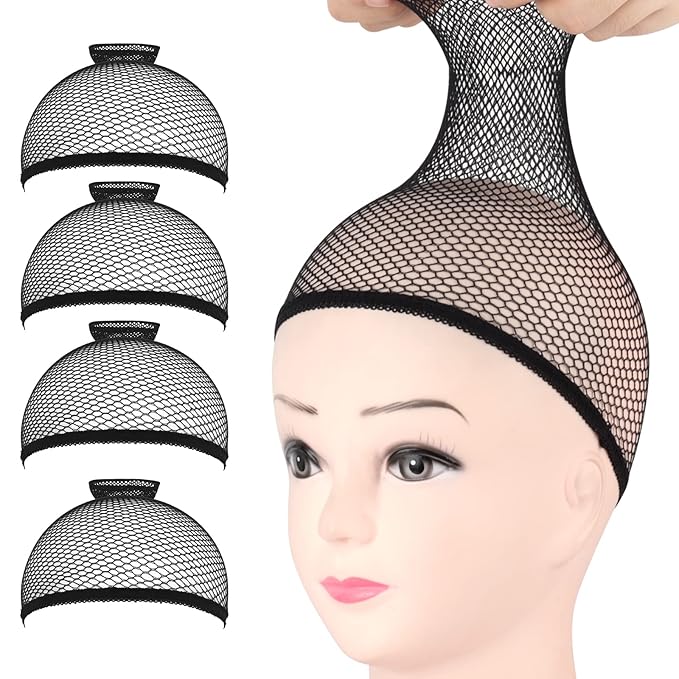 Fandamei Wig Caps, 4PCS Wig Caps Mesh Net Open End, Black Wig Cap for women, Nylon Mesh Wig Cap Net Strength Black