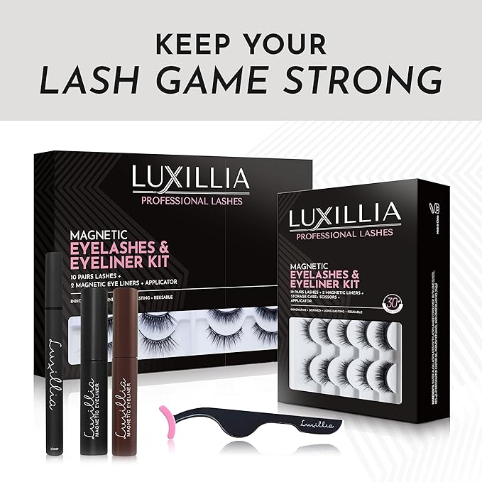 Luxillia Magnetic Eyelashes Kit – 10 Piece Magnetic Eyelash & Eyeliner Set with Applicator – Natural Look Easy Apply Reusable Fake Extension Lashes, No Glue – Pestañas Postizas Magnéticas Naturales