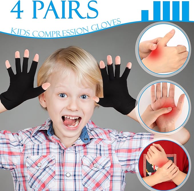 Panitay 4 Pairs Kids Compression Gloves Fingerless Arthritis Gloves Kids Compression Hand Cover for Boys Girls Carpal Tunnel