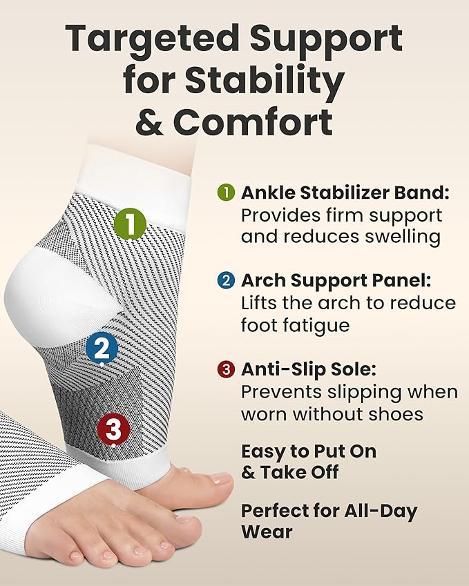 KEMFORD Ankle Compression Sleeve - 1-Pair, Plantar Fasciitis Braces - Open Toe Compression Socks for Swelling, Sprain, Neuropathy, Foot Arch Support for Men and Women - 20-30mmhg, L, White and Black