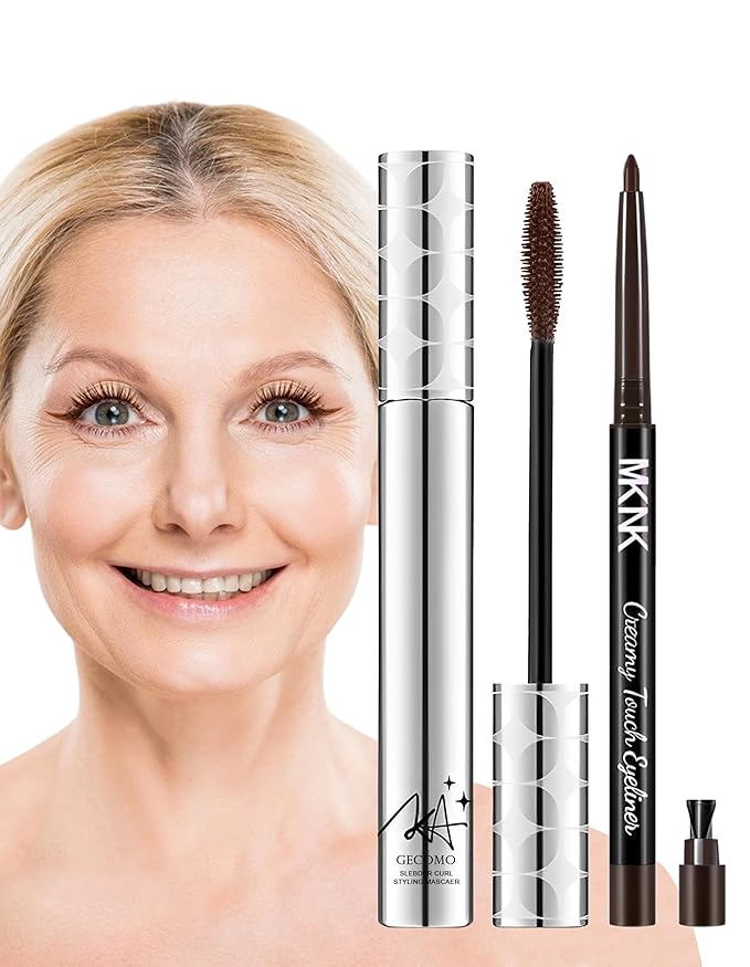 2PCS Mascara for Older Women 60 Plus and Eye Liner Pencils Makeup Set, Mascara Volume and Length Waterproof, Hypoallergenic for Sensitive Eyes, Smudge Proof Long Lasting # Brown