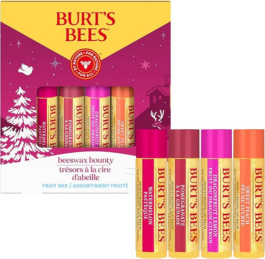 Burt's Bees Christmas Gifts, 4 Lip Balms Stocking Stuffers Products, Beeswax Bounty Fruit Mix - Watermelon, Pomegranate, Dragonfruit Lemon & Sweet Peach (Pack of 4)