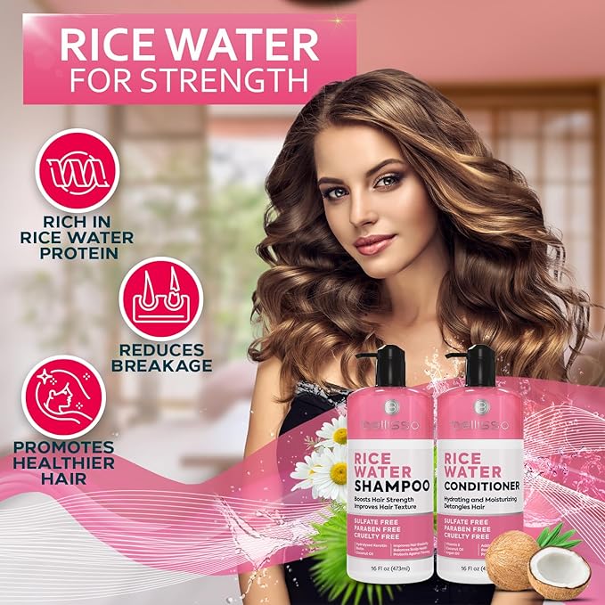 Rice Water Shampoo and Conditioner Set - Sulfate Free for Thin and Fine Hair - Fuller, Thickening Formula for Women and Men - With Strengthening Saw Palmetto - Anti Thinning, Volumizing for Thick Hair