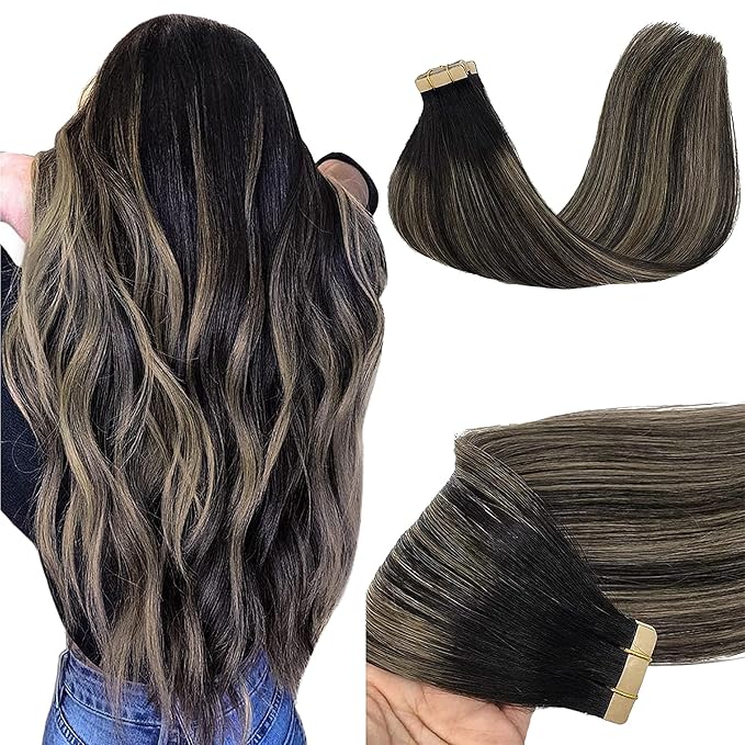 GOO GOO Tape in Hair Extensions Human Hair, 1B/19/1B Natural Black to Light Blonde, 22inch 50g 20pcs, Skin Weft Seamless Invisible, Silky Straight with Thick Ends, Remy Human Hair
