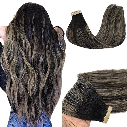 GOO GOO Tape in Hair Extensions Human Hair, 1B/19/1B Natural Black to Light Blonde, 22inch 50g 20pcs, Skin Weft Seamless Invisible, Silky Straight with Thick Ends, Remy Human Hair