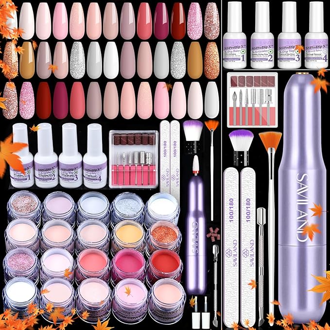 SAVILAND Dip Powder Nail Kit with Drill: 20 Colors Winter Nude Pink Red Keratin Dip Nails Powder Starter Kit with Dip Base Activator Top Coat Brush Saver French Manicure Art Home DIY Christmas Gift