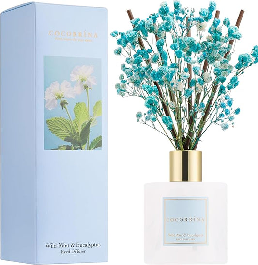 COCORRÍNA Reed Diffuser - Wild Mint & Eucalyptus 6.7 Fl.oz Reed Diffuser Set with Sticks & Preserved Baby's Breath, Reed Diffuser for Home Bathroom Shelf Decor