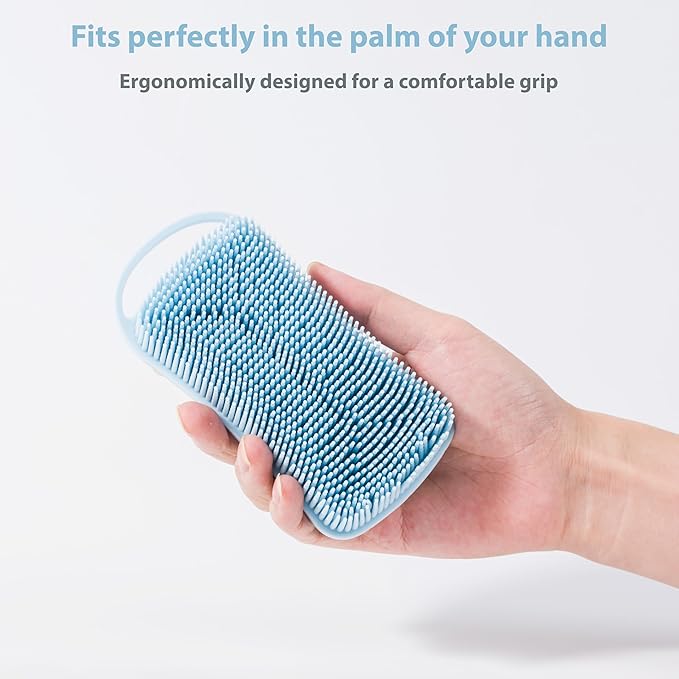 2 PC Silicone Body Scrubber, 2 in 1 Exfoliating Shower Bath Scrubber, Soft Silicone Loofah for Sensitive Skin, Shower Hair Scalp Massager, Easy to Clean, Lather Well (Blue&Black)