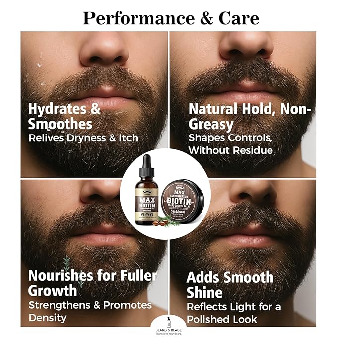 4X Concentration Biotin Beard Kit for Men – Unscented Oil & Sandalwood Balm Set (2 Pack) – Moisturizes, Softens & Promotes Growth – Premium Beard Grooming Gift for Father’s Day or Him