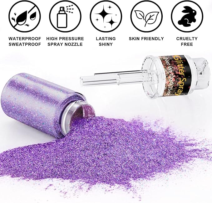 Hair and Body Glitter Spray, 1PC Purple Glitter Hairspray Dry Powder Makeup for Clothes, Festival Rave Prom Loose Sparkle Powder,Holographic Ultra Fine Resin Glitters for Crafts,10g (1PC Purple)