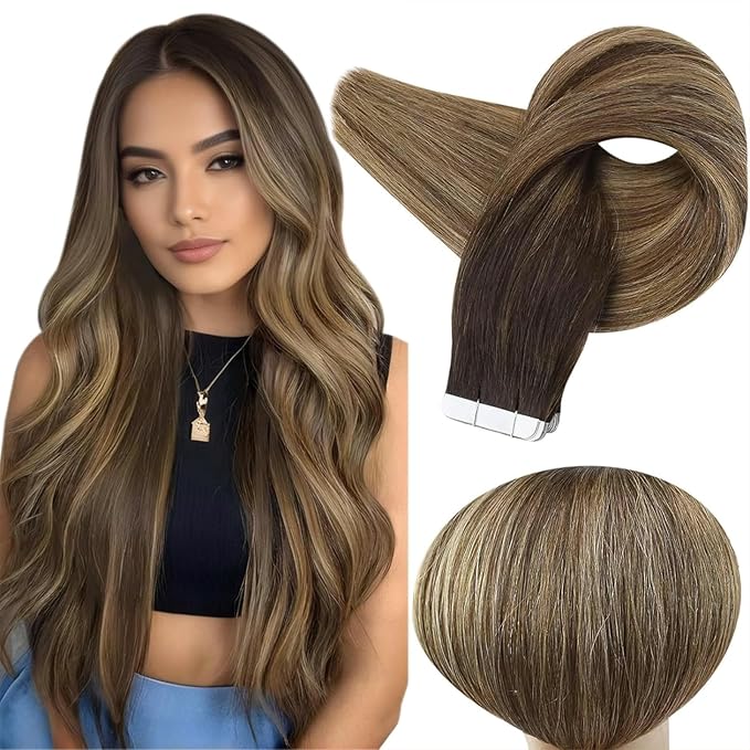 Full Shine Hair Extensions Tape in Color 2 Darkest Brown Ombre 3 Darker Brown And 27 Caramel Blonde Long Tape in Hair Extensions Remy Seamless Invisible Skin Weft 18Inch 50G 20Pcs Natural Straight