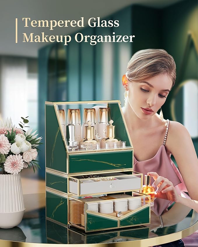 Youdepot Extra Large Makeup Organizer, Glass Cosmetic Storage with Drawers, Stackable Makeup and Jewelry Organizer for Vanity Table, Bathroom Countertop, Skincare, Lipsticks, Perfume, Brushes