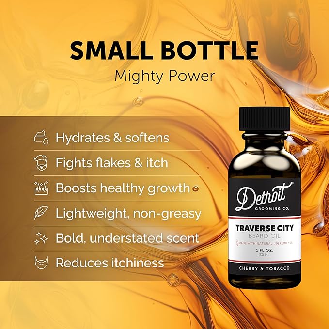 Detroit Grooming Co. Beard Oil | Hydrating & Nourishing Formula with Vitamin E | Cherry & Tobacco • Traverse City (1 oz)