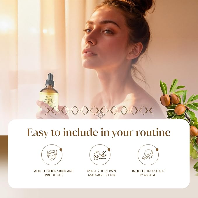 Siva Jojoba Organic Oil 4oz (118ml) Premium Cold-Pressed 100% Natural Organic Carrier Oil with Dropper for Face, Skin Care, Body Massage, Hair Care, Hair Oiling & Scalp Massage