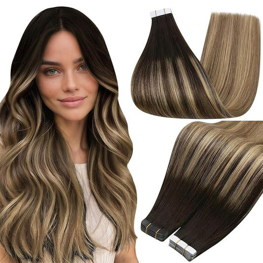 Full Shine Balayage Human Hair Tape in Extensions Color 2/8/27 Tape in Hair Extensions 14Inch Tapes in Extensions Seamless Glue in Human Hair Extensions Remy Hair 20Pcs 50G Invisible Tapes Extensions