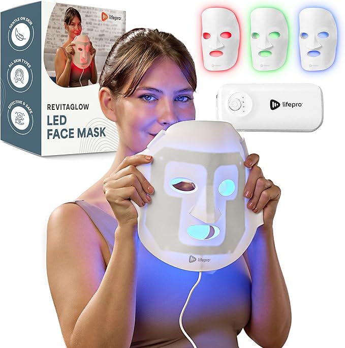 Lifepro Red Light Therapy Mask –Revitaglow Infrared Red Light Therapy for Face and Neck - LED Mask with 3 to 4 Modes – 2000mAh Battery & Auto-Timer - for Daily Skin Wellness and Comfort