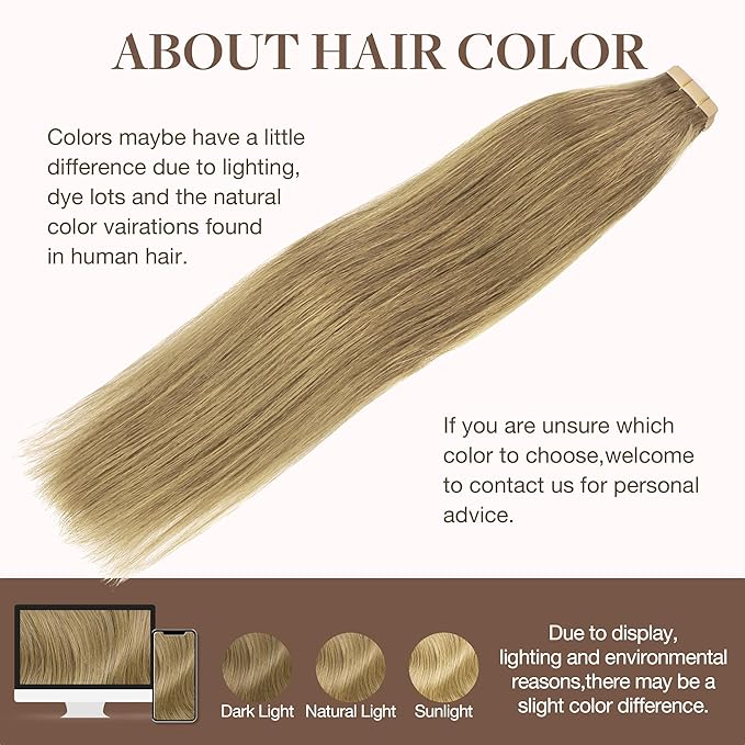 GOO GOO Tape in Hair Extensions Human Hair, 7 Bronde, 20inch 30g 10pcs, Skin Weft Seamless Invisible, Silky Straight with Thick Ends, Remy Human Hair