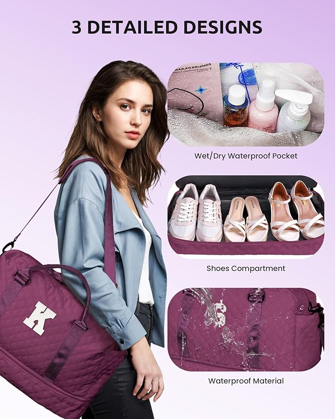 Granddaughter Gift from Grandmom, Kids Birthday Gift-Girl Travel Bags with Shoe Compartment, Weekender Bag, Monogram Overnight Bag for Women, Letter Travel Bag with Makeup Bag (Letter N)