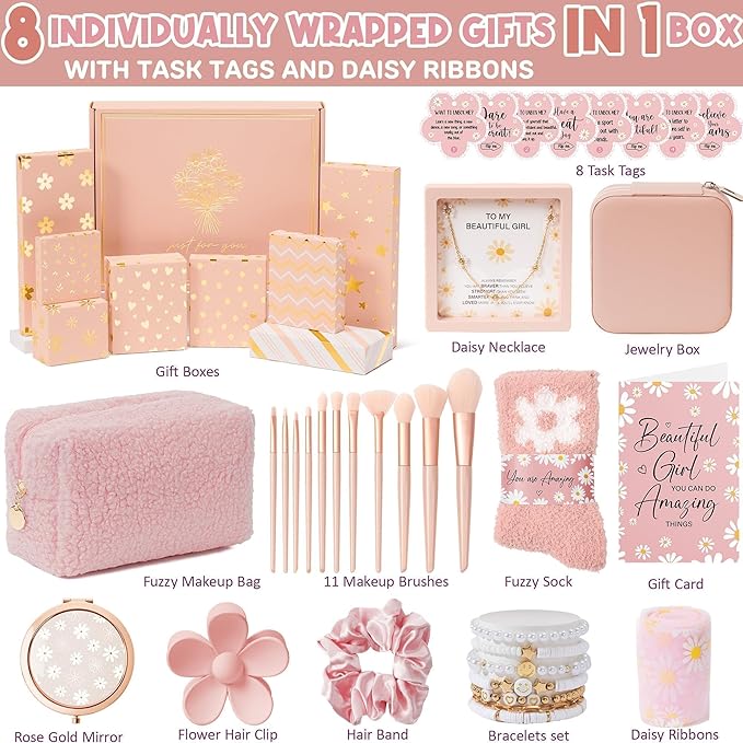 Valentines Day Gifts for Tween & Teen Girls - 8 PCS Birthday Gift Basket Teenage Girl Gifts Trendy Stuff w/ Fun Task Tags Makeup Brushes & Bag, Empower Positive Wrapped Gift Box for Daughter Niece