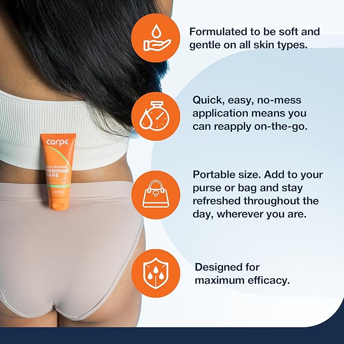 NEW Carpe Feminine Care Intimate Deodorant for Women, pH Balanced and Sweat Absorbing Whole Body Deodorant, Gynecologist Tested, Safe for Private Parts, Vanilla Peach Scent