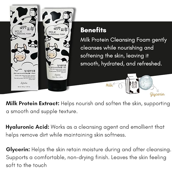 esfolio Milk Cleansing Foam – Hydrating Face Wash for All Skin – Korean Skincare Milk Protein for Gentle Deep Cleansing – Moisturizing Facial Cleanser for Soft & Smooth Skin (5.29oz -150g)