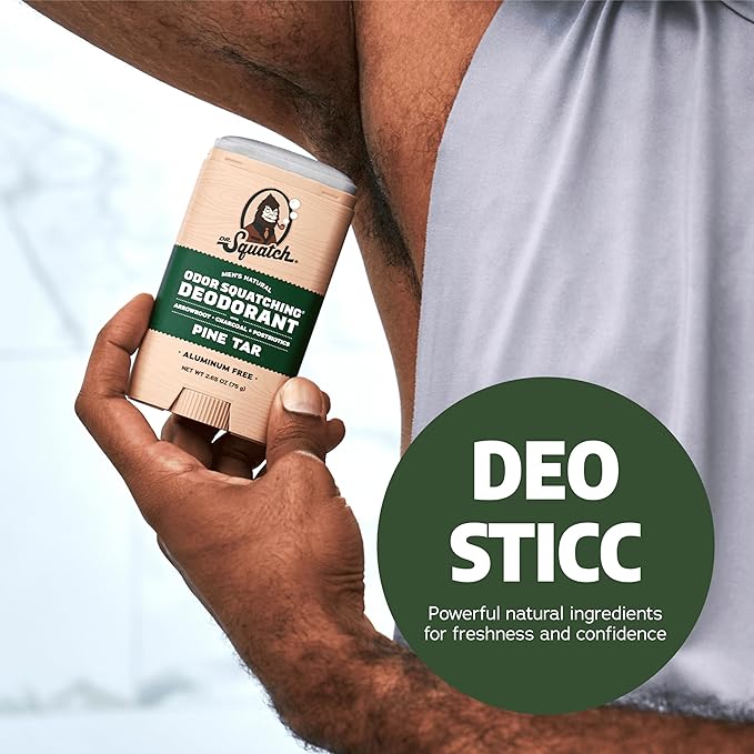 Dr. Squatch Natural Men’s Deodorant – Aluminum Free Natural Deodorant Men with Charcoal & Postbiotics for 72-Hour Odor Protection – Pine Tar, 2.65oz Stick (3-Pack)