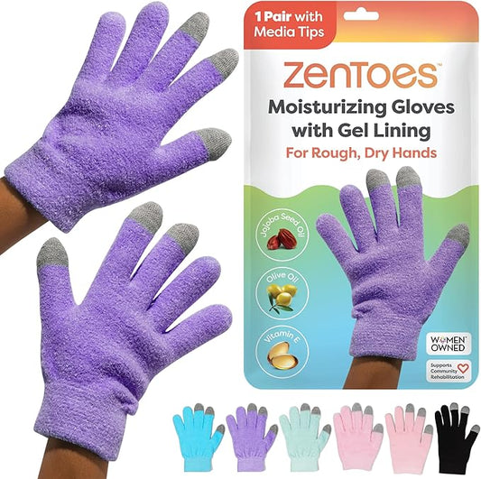 ZenToes Moisturizing Gloves for Dry Hands, Gel Infused with Jojoba Seed Oil, Olive Oil and Vitamin E, Overnight Hand Moisturizer (OSFM, Fuzzy Lilac with Media Tips)