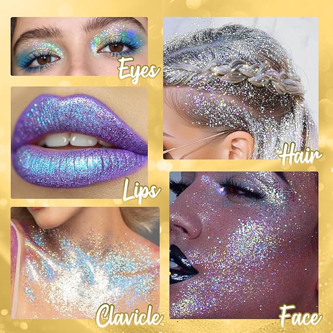 CAHOTO Gold Rolling Glitter for Face Body & Hair, Sparkling Holographic Chunky Shimmer, Roll-on Sequins for Singer Concert Mardi Gras Rave Festival Halloween Party Carnival, 1.35fl.oz