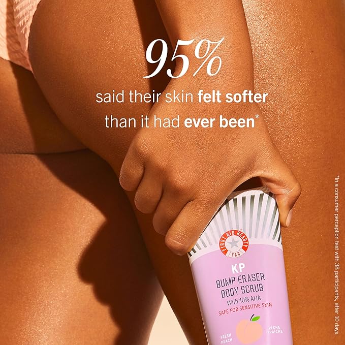 First Aid Beauty - KP Bump Eraser Body Scrub with 10% AHA, Keratosis Pilaris Exfoliator with Glycolic and Lactic acids, Helps Reduce Chicken Skin Bumps, Safe for Sensitive Skin, Peach Scent (8 oz)