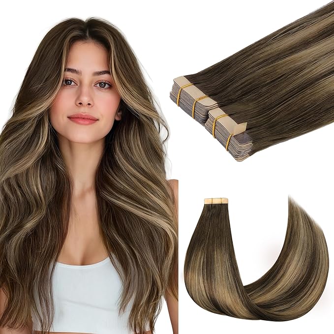 GOO GOO Tape in Hair Extensions Human Hair, 4/27/4 Balayage Chocolate Brown to Caramel Blonde, 10inch 60g 40pcs, Skin Weft Seamless Invisible, Silky Straight with Thick Ends, Remy Human Hair
