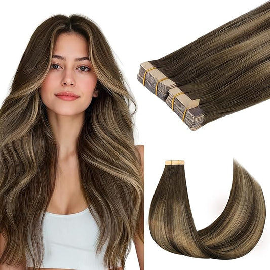 GOO GOO Tape in Hair Extensions Human Hair, 4/27/4 Balayage Chocolate Brown to Caramel Blonde, 10inch 60g 40pcs, Skin Weft Seamless Invisible, Silky Straight with Thick Ends, Remy Human Hair