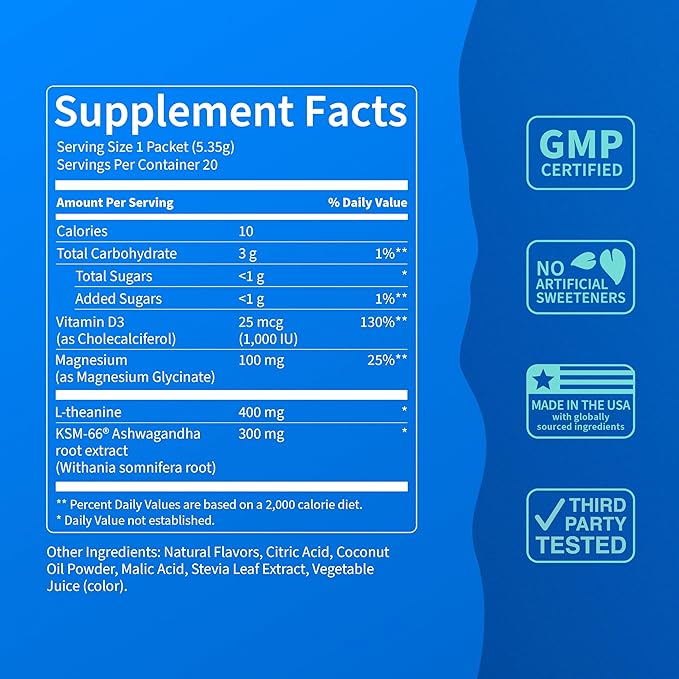 Nello Supercalm Powdered Drink Mix, Cortisol Reducer*, Sleep Aid Supplement, L Theanine, Ksm-66 Ashwagandha, Magnesium Glycinate, Vitamin D 3, No Sugar, Non GMO, 20 Ct, Strawberries & Cream